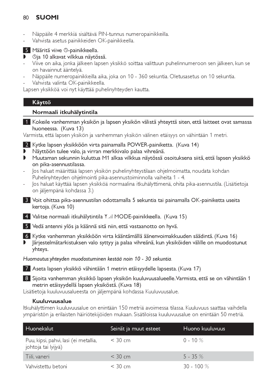 Philips SCD 469 manual Käyttö, Normaali itkuhälytintila, Kuuluvuusalue, Huonekalut Seinät ja muut esteet Huono kuuluvuus 