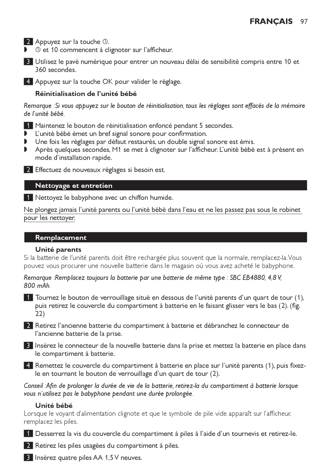 Philips SCD 469 manual Réinitialisation de l’unité bébé, Nettoyage et entretien, Remplacement 