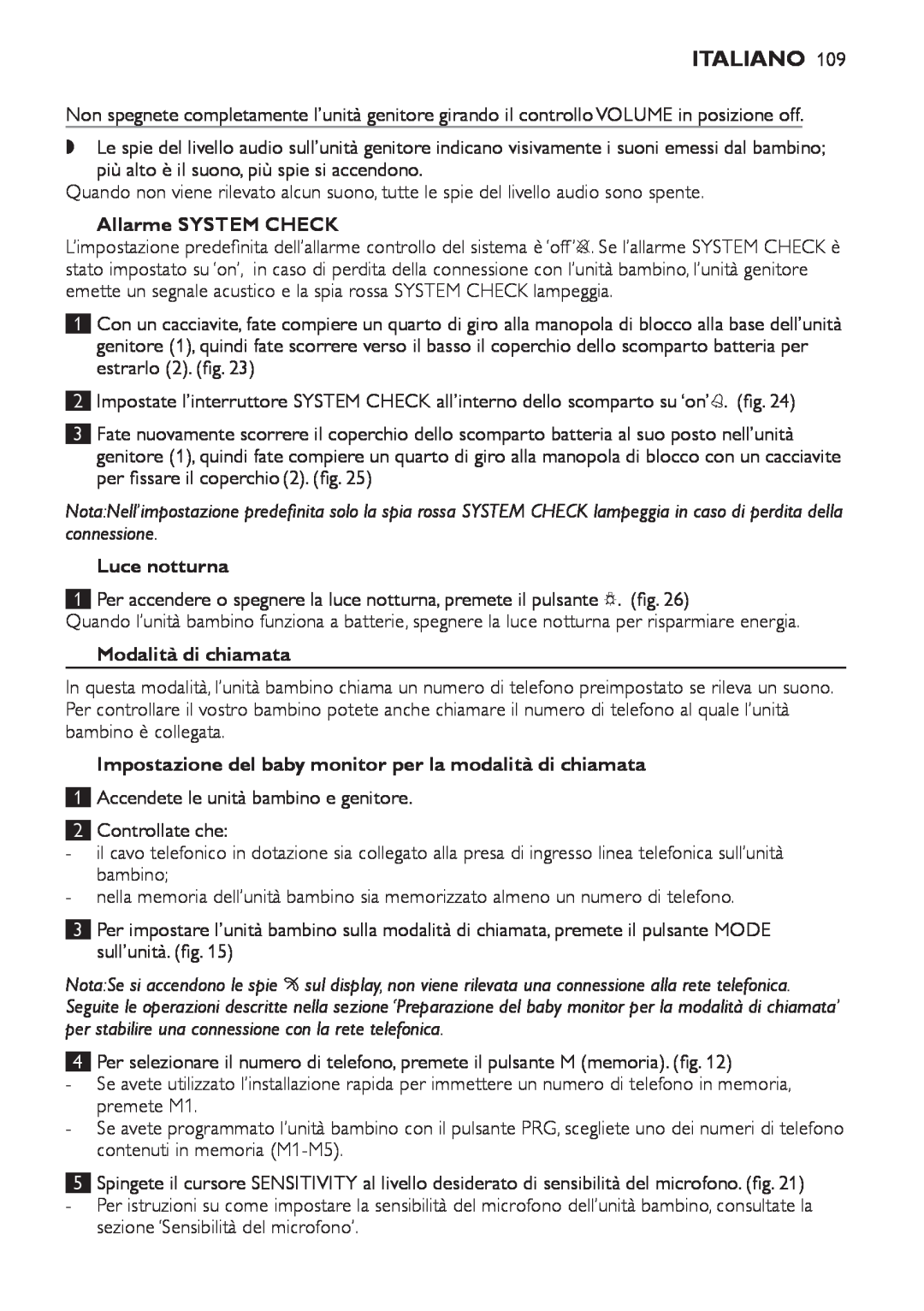 Philips SCD 469 manual Allarme SYSTEM CHECK, Luce notturna, Modalità di chiamata, Italiano, 1 2 