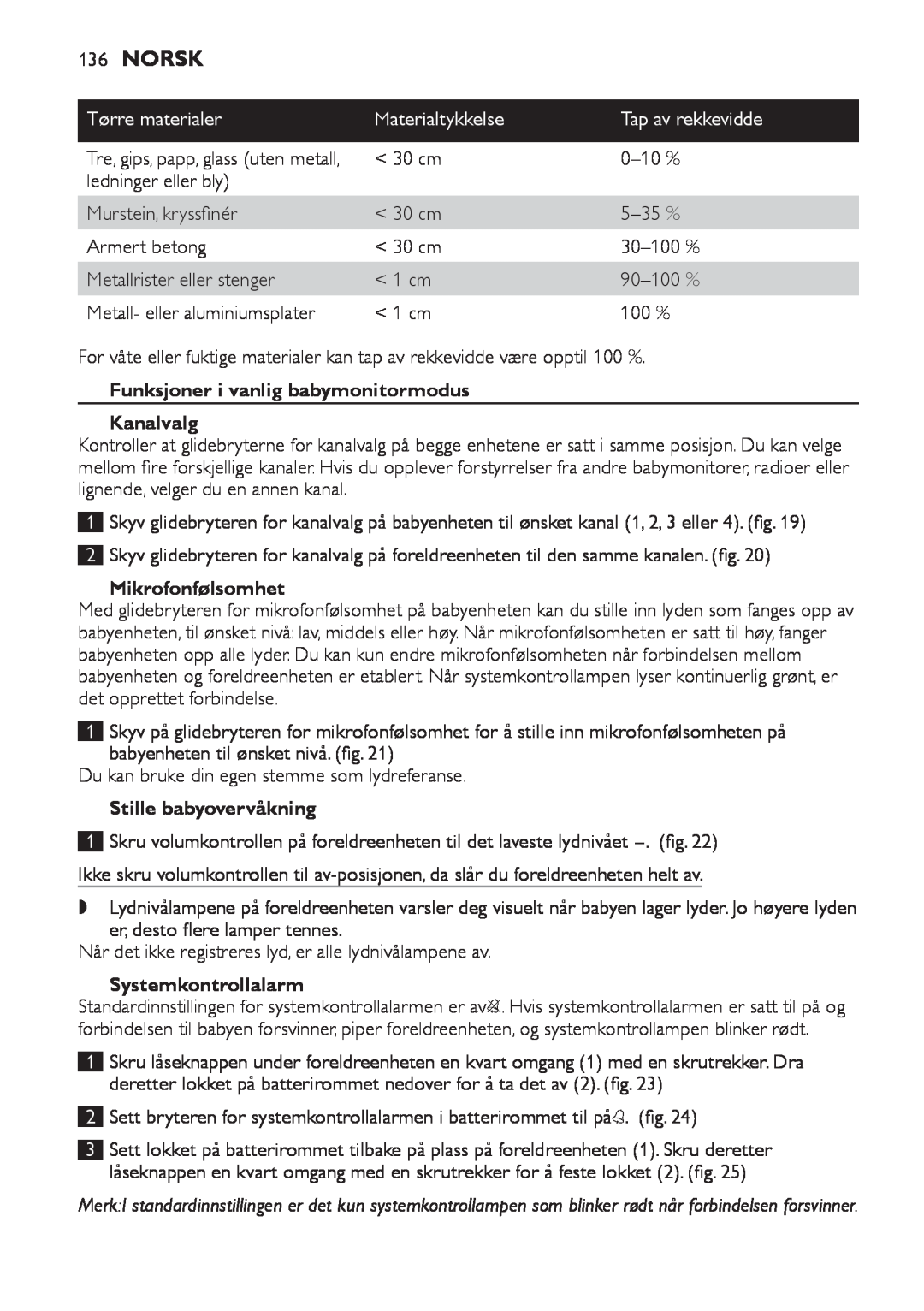 Philips SCD 469 manual Norsk, Materialtykkelse, Tap av rekkevidde, Funksjoner i vanlig babymonitormodus Kanalvalg 