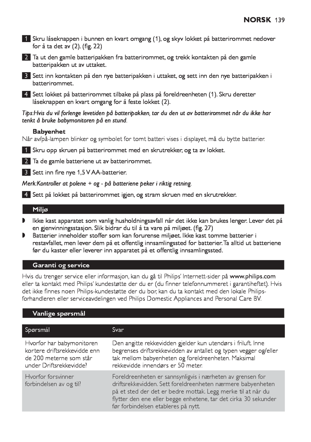 Philips SCD 469 manual Miljø, Vanlige spørsmål, Spørsmål, Norsk, Babyenhet, Garanti og service, Svar 