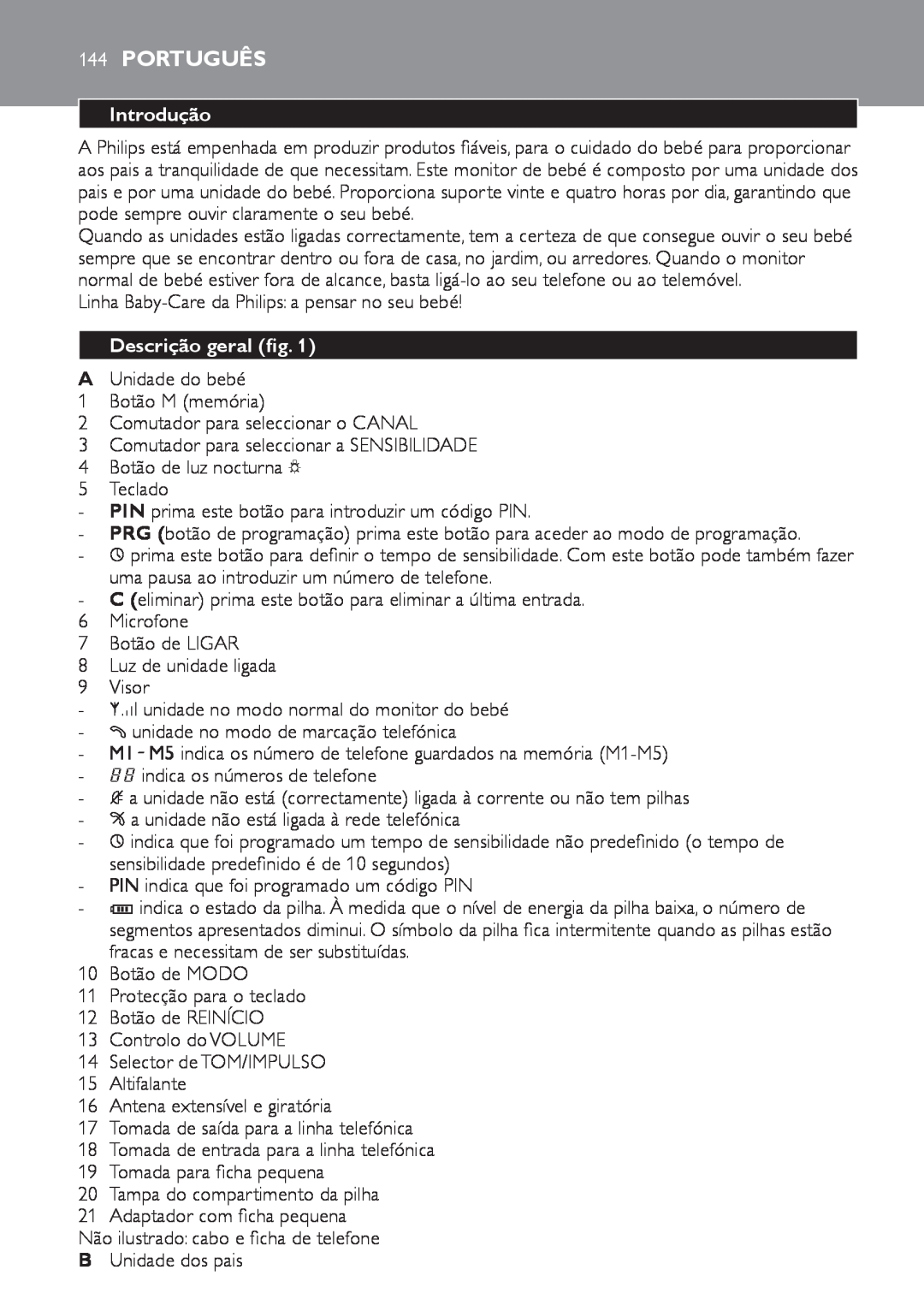 Philips SCD 469 manual 144Português, Introdução, Descrição geral fig 