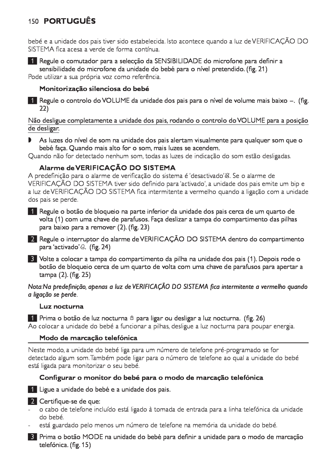 Philips SCD 469 150Português, Monitorização silenciosa do bebé, Alarme de VERIFICAÇÃO DO SISTEMA, 1 2 3, Luz nocturna 