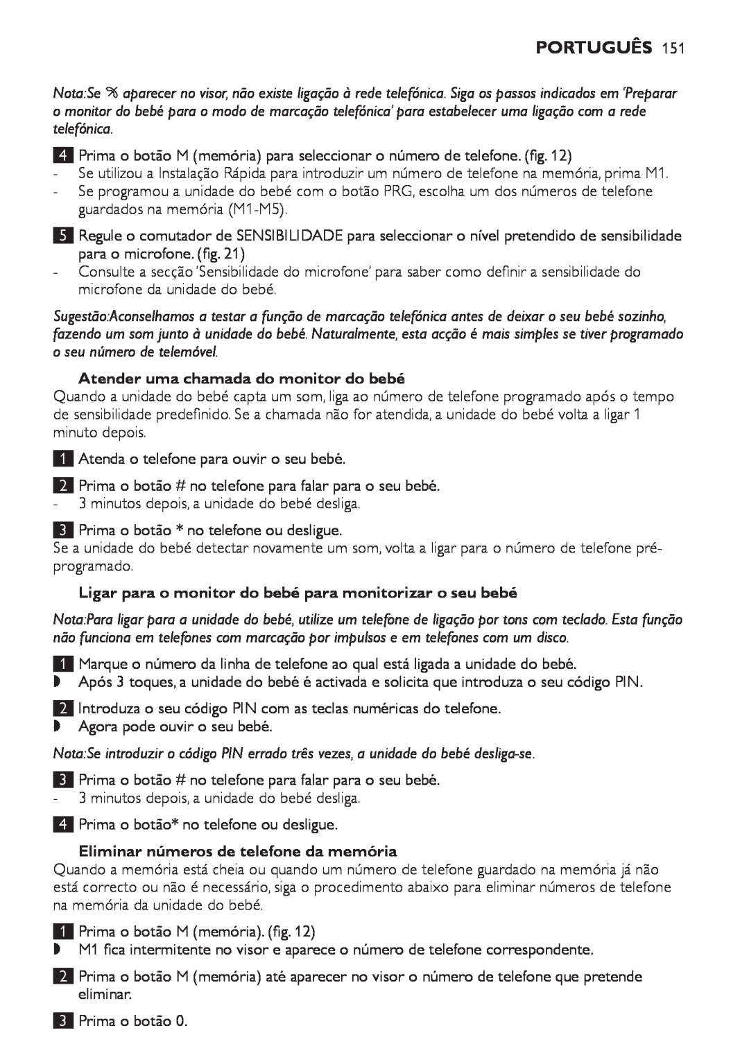 Philips SCD 469 manual Atender uma chamada do monitor do bebé, Eliminar números de telefone da memória, Português 