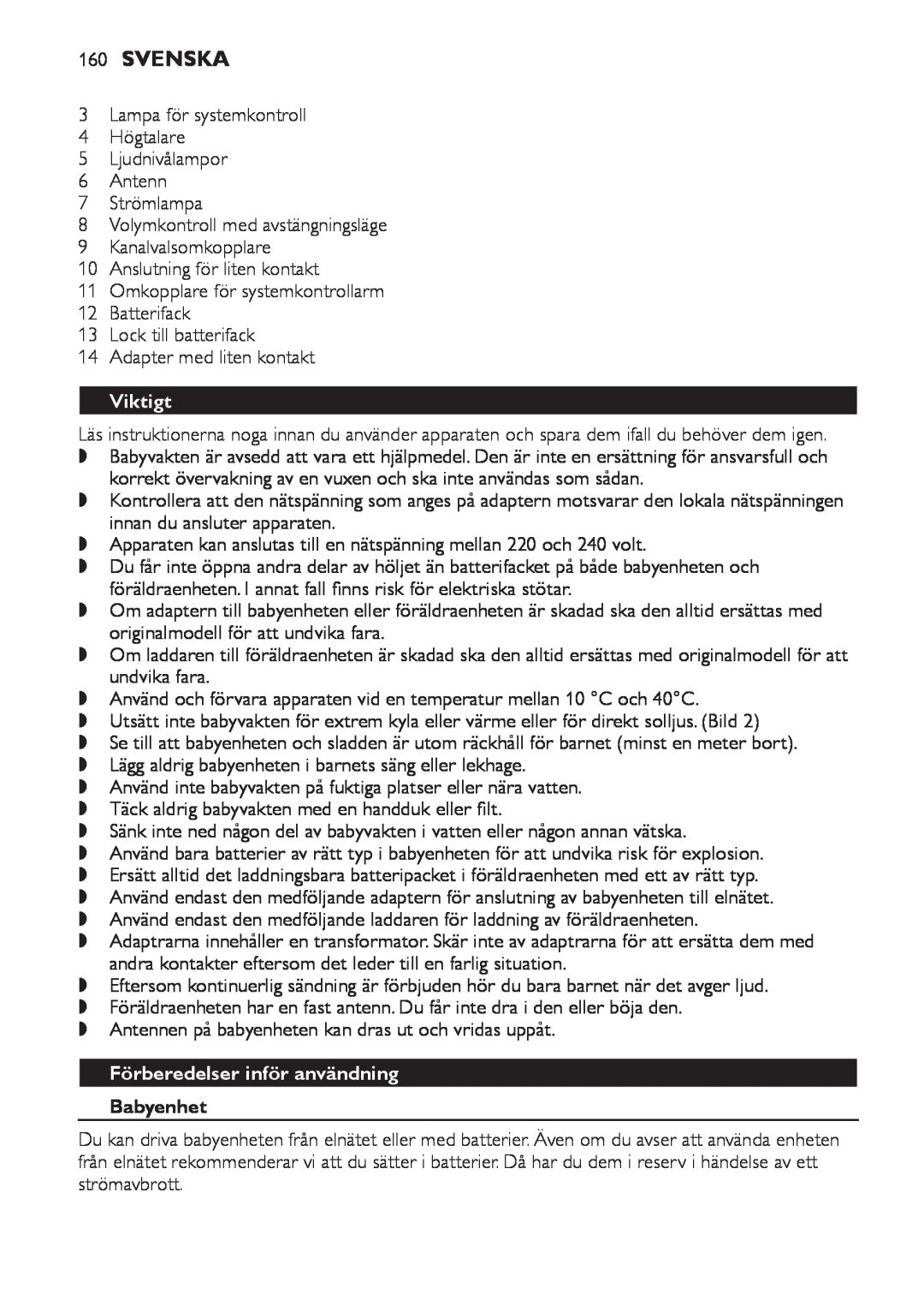 Philips SCD 469 manual 160Svenska, Viktigt, Förberedelser inför användning, Babyenhet 