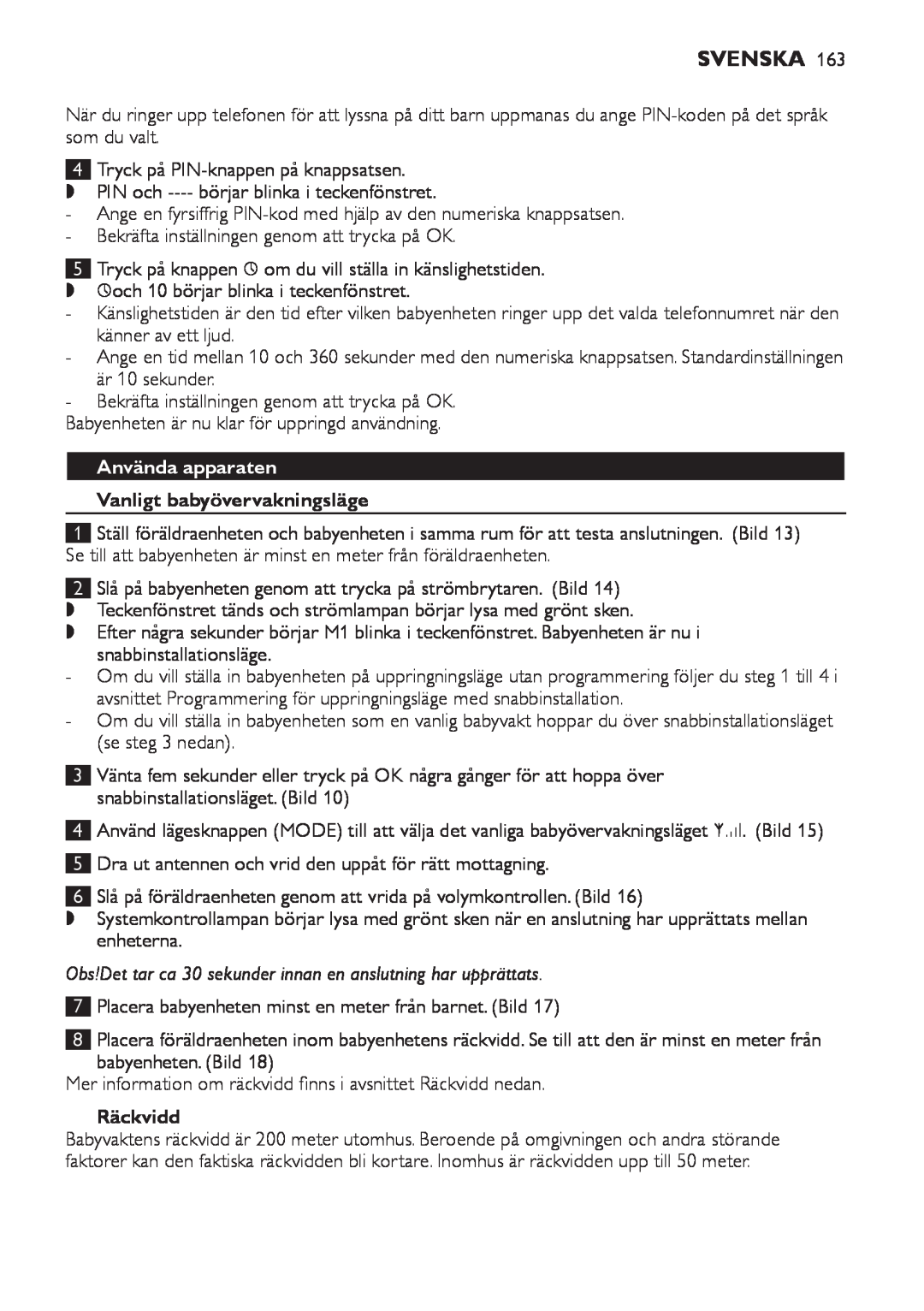 Philips SCD 469 manual Använda apparaten, Vanligt babyövervakningsläge, Räckvidd, Svenska 