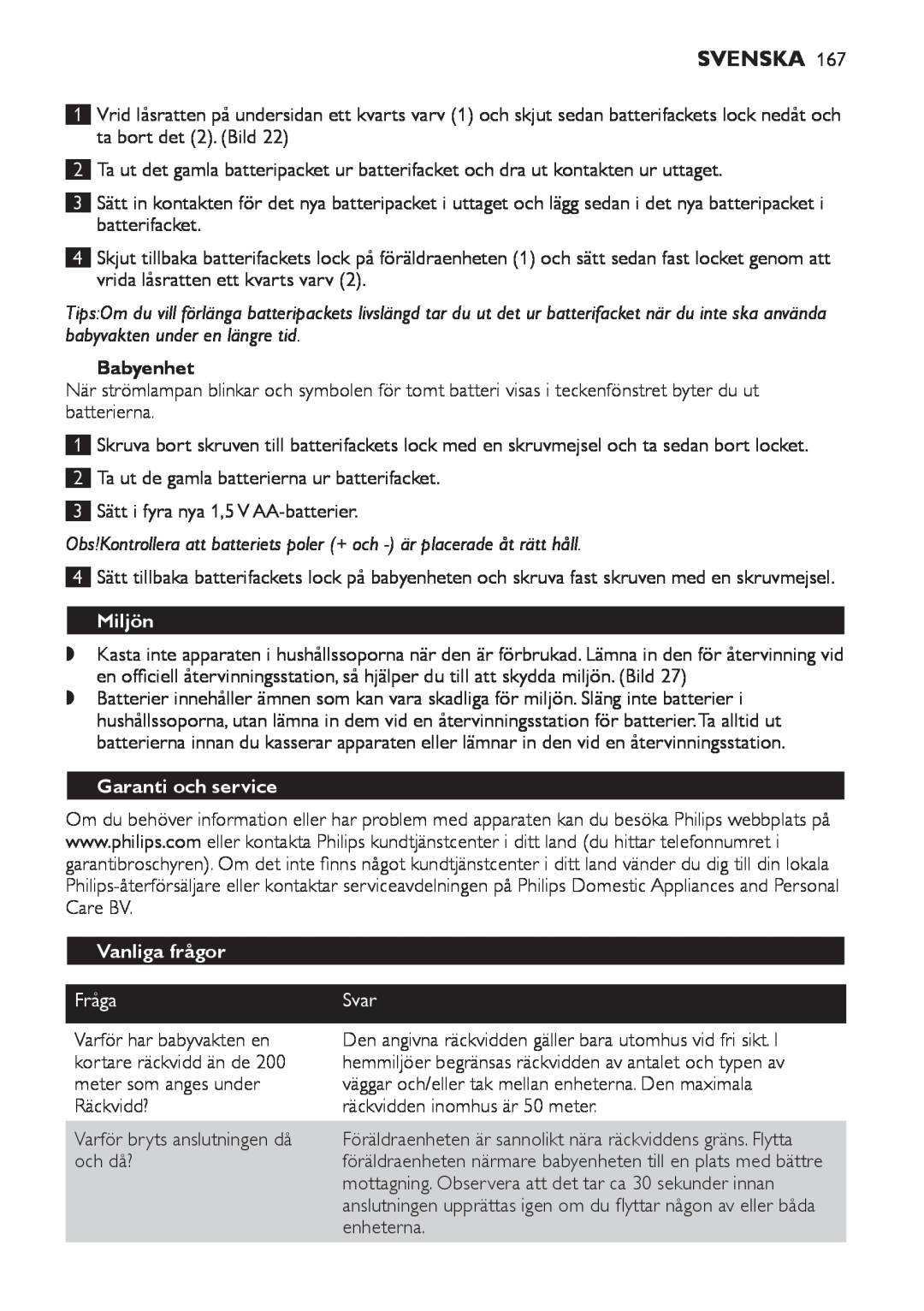 Philips SCD 469 manual Miljön, Garanti och service, Vanliga frågor, Fråga, Svenska, Babyenhet, Svar 