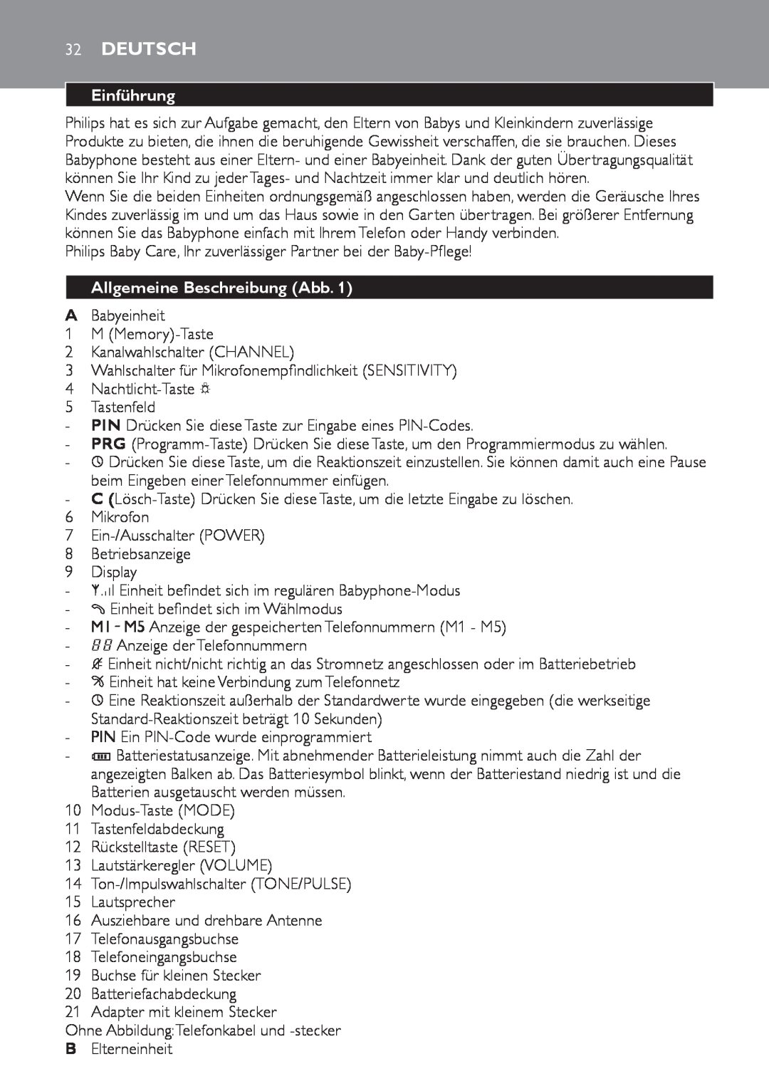 Philips SCD 469 manual 32Deutsch, Einführung, Allgemeine Beschreibung Abb 