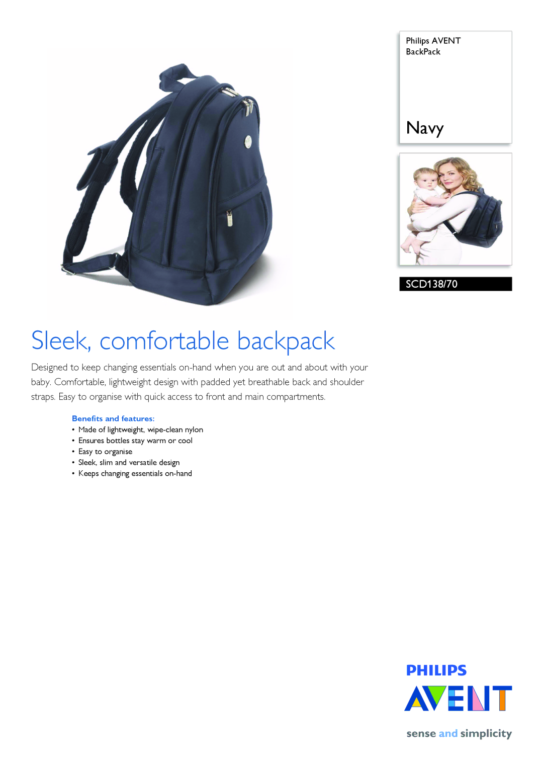 Philips SCD138/70 manual Sleek, comfortable backpack, Benefits and features 