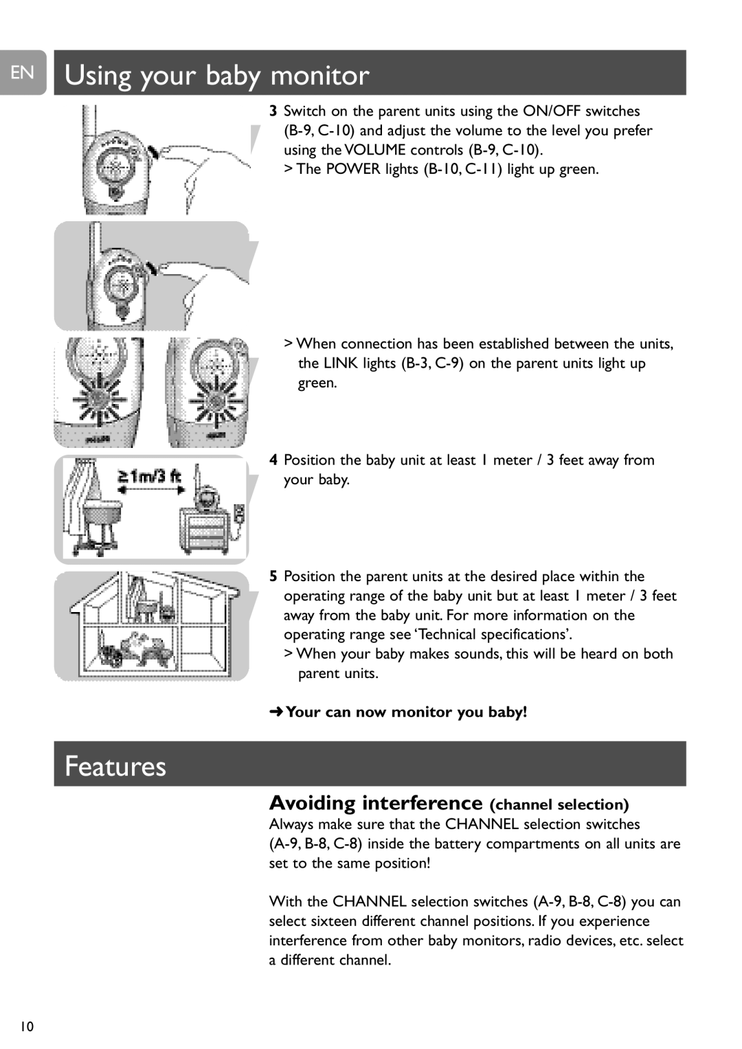 Philips SCD450 user manual EN Using your baby monitor, Features, Avoiding interference channel selection 