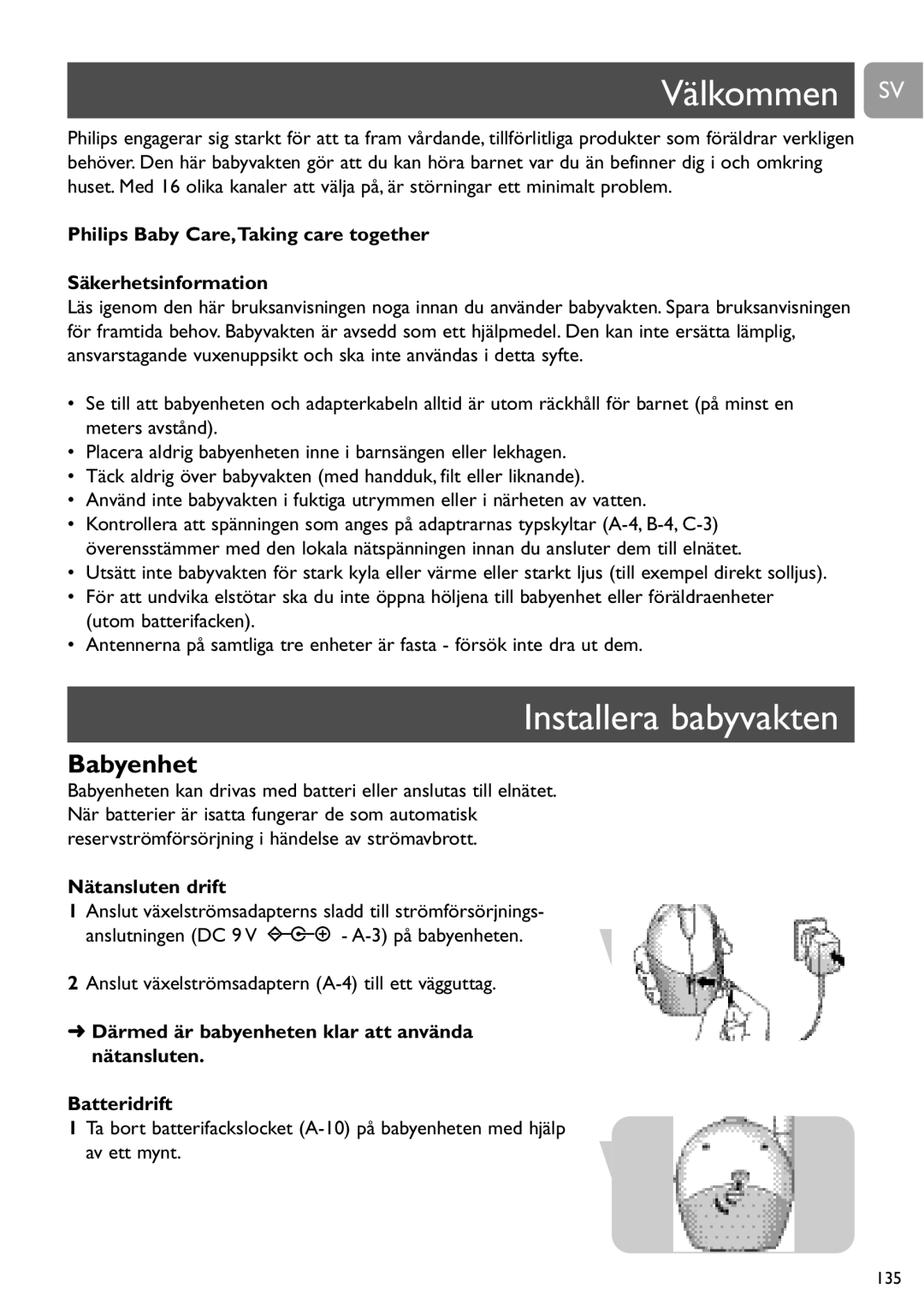 Philips SCD450 user manual Välkommen SV, Installera babyvakten, Philips Baby Care,Taking care together Säkerhetsinformation 