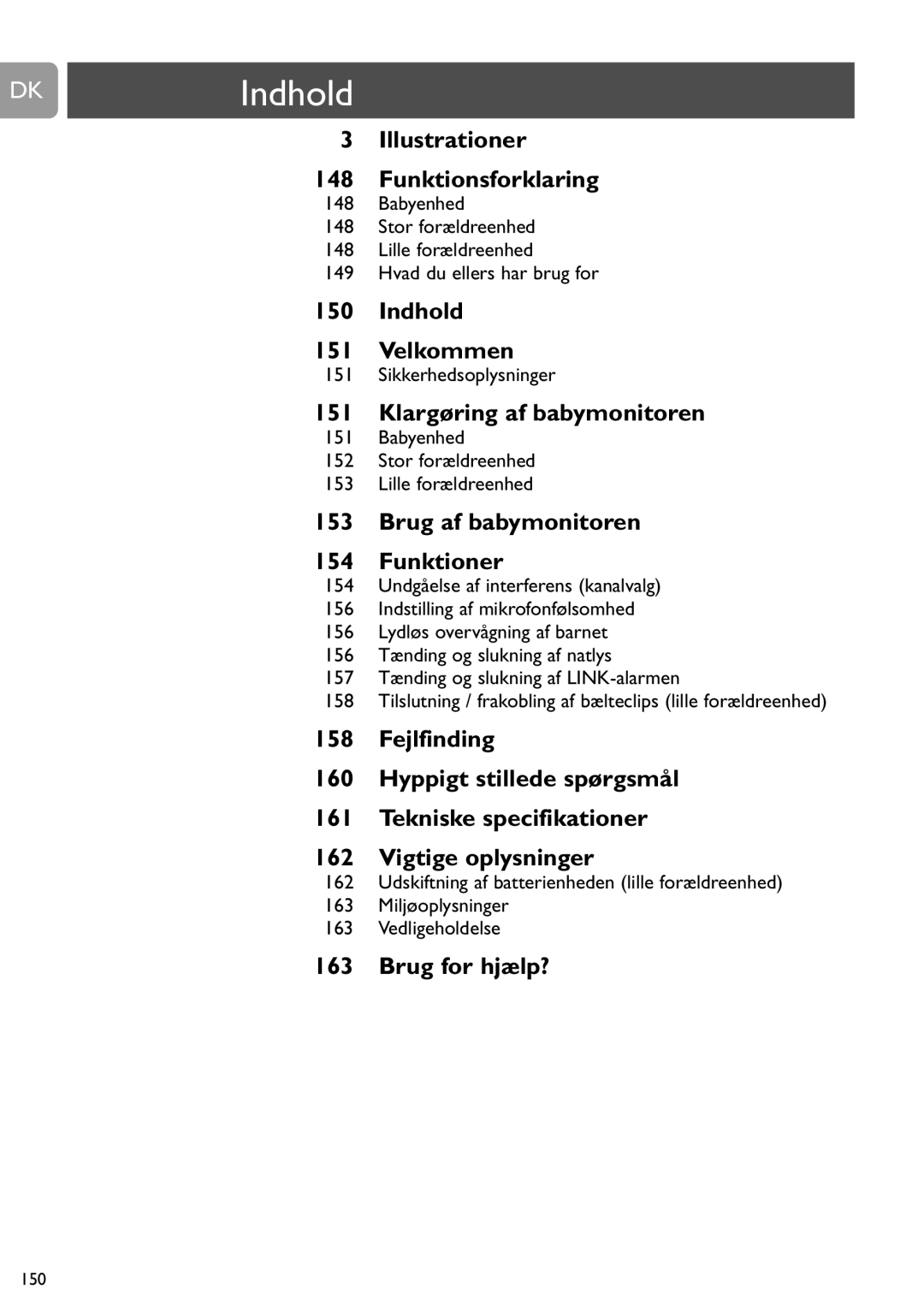 Philips SCD450 user manual DKIndhold, Sikkerhedsoplysninger, Babyenhed Stor forældreenhed Lille forældreenhed 