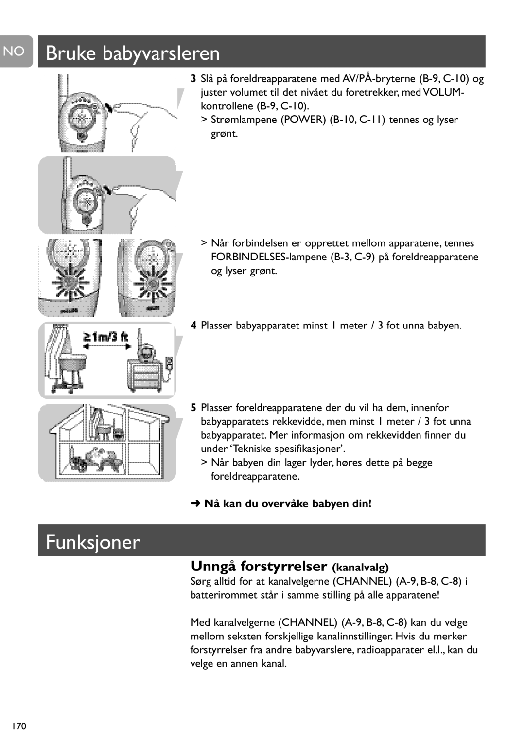 Philips SCD450 user manual No Bruke babyvarsleren, Funksjoner, Unngå forstyrrelser kanalvalg, Nå kan du overvåke babyen din 