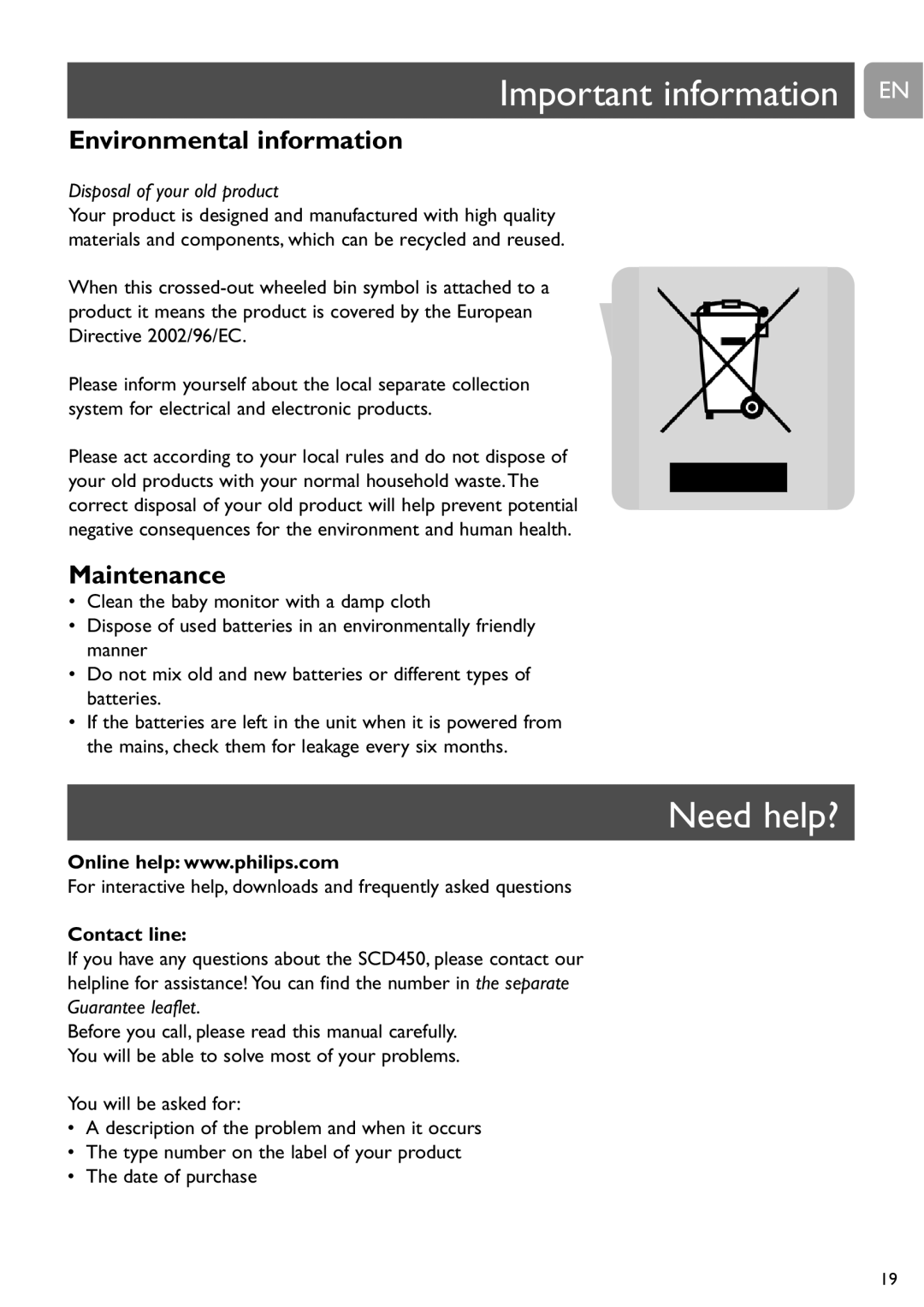 Philips SCD450 user manual Important information EN, Need help?, Environmental information, Maintenance, Contact line 