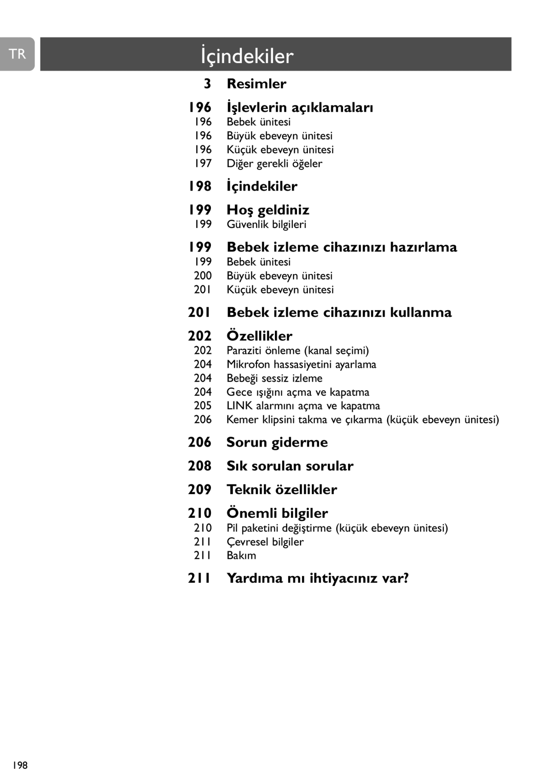 Philips SCD450 user manual TRİçindekiler, 199 Güvenlik bilgileri 