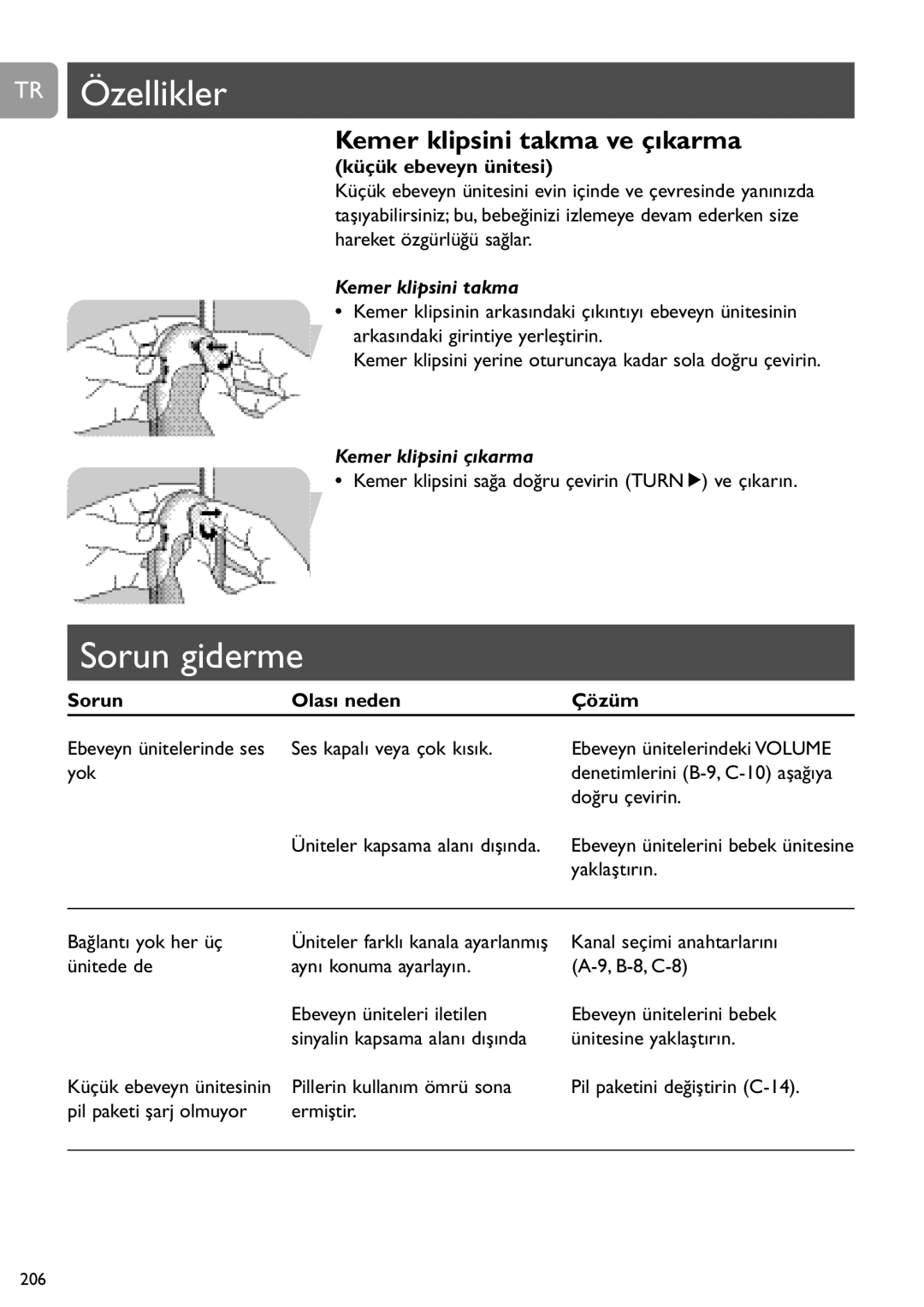 Philips SCD450 user manual Sorun giderme, Kemer klipsini takma ve çıkarma, Kemer klipsini çıkarma 