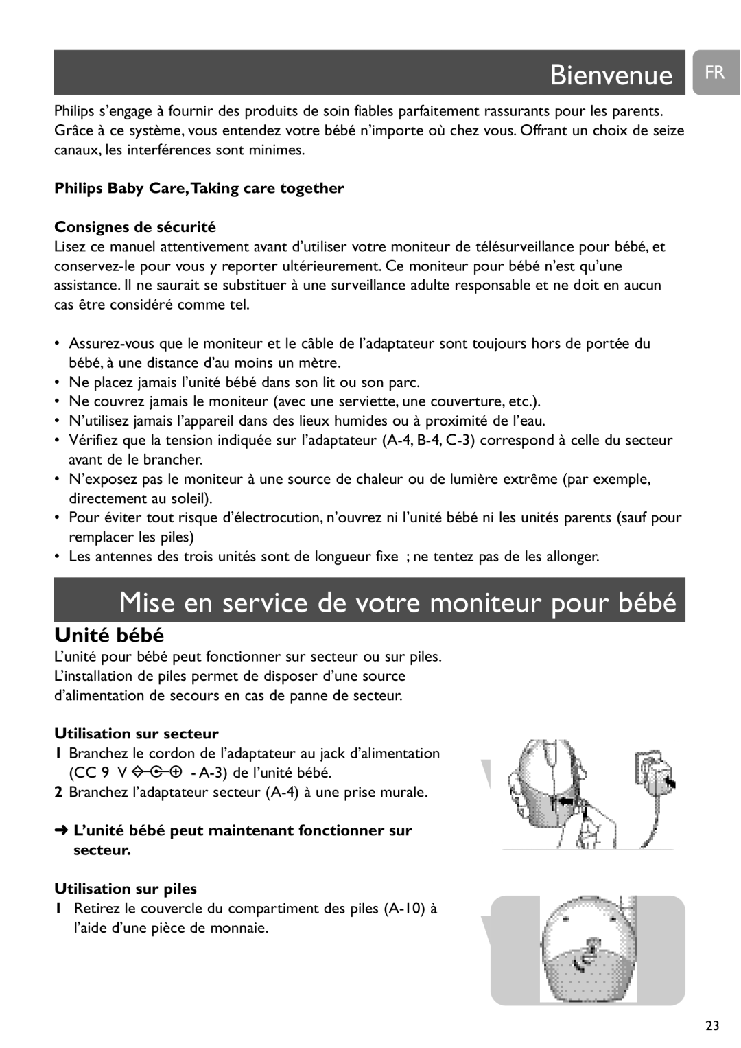 Philips SCD450 user manual Bienvenue FR, Mise en service de votre moniteur pour bébé, Utilisation sur secteur 