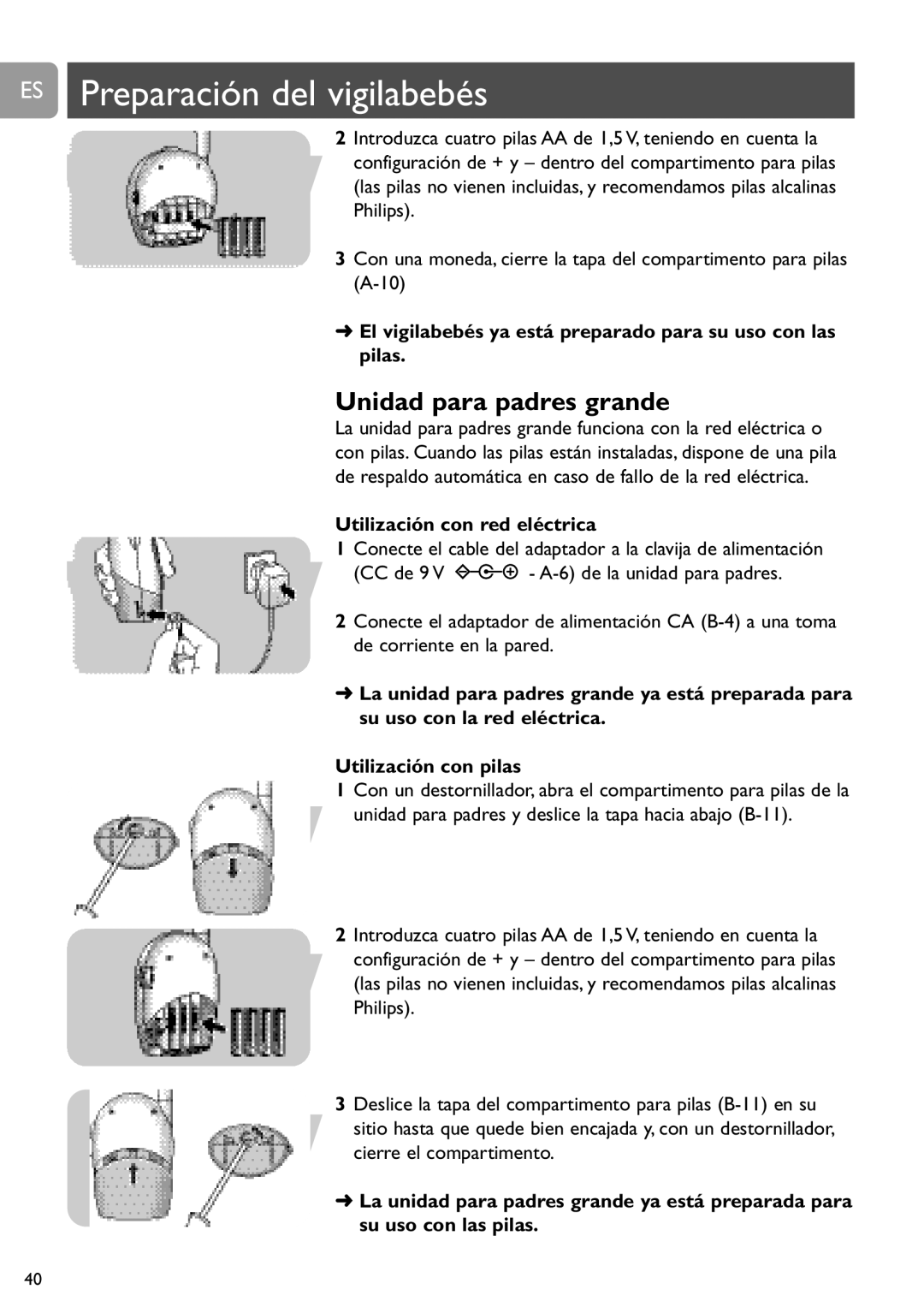 Philips SCD450 user manual ES Preparación del vigilabebés, El vigilabebés ya está preparado para su uso con las pilas 