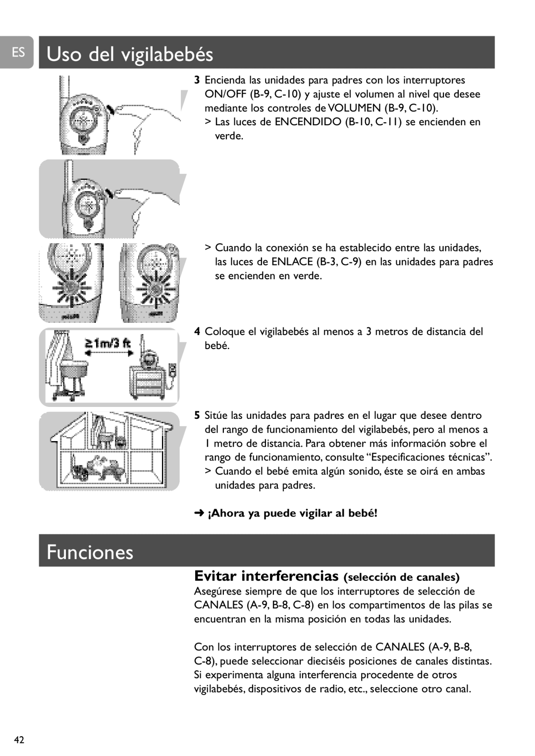 Philips SCD450 user manual ES Uso del vigilabebés, Funciones, Evitar interferencias selección de canales 