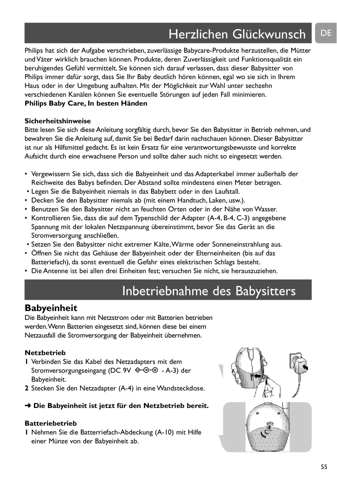 Philips SCD450 user manual Herzlichen Glückwunsch DE, Inbetriebnahme des Babysitters, Netzbetrieb 