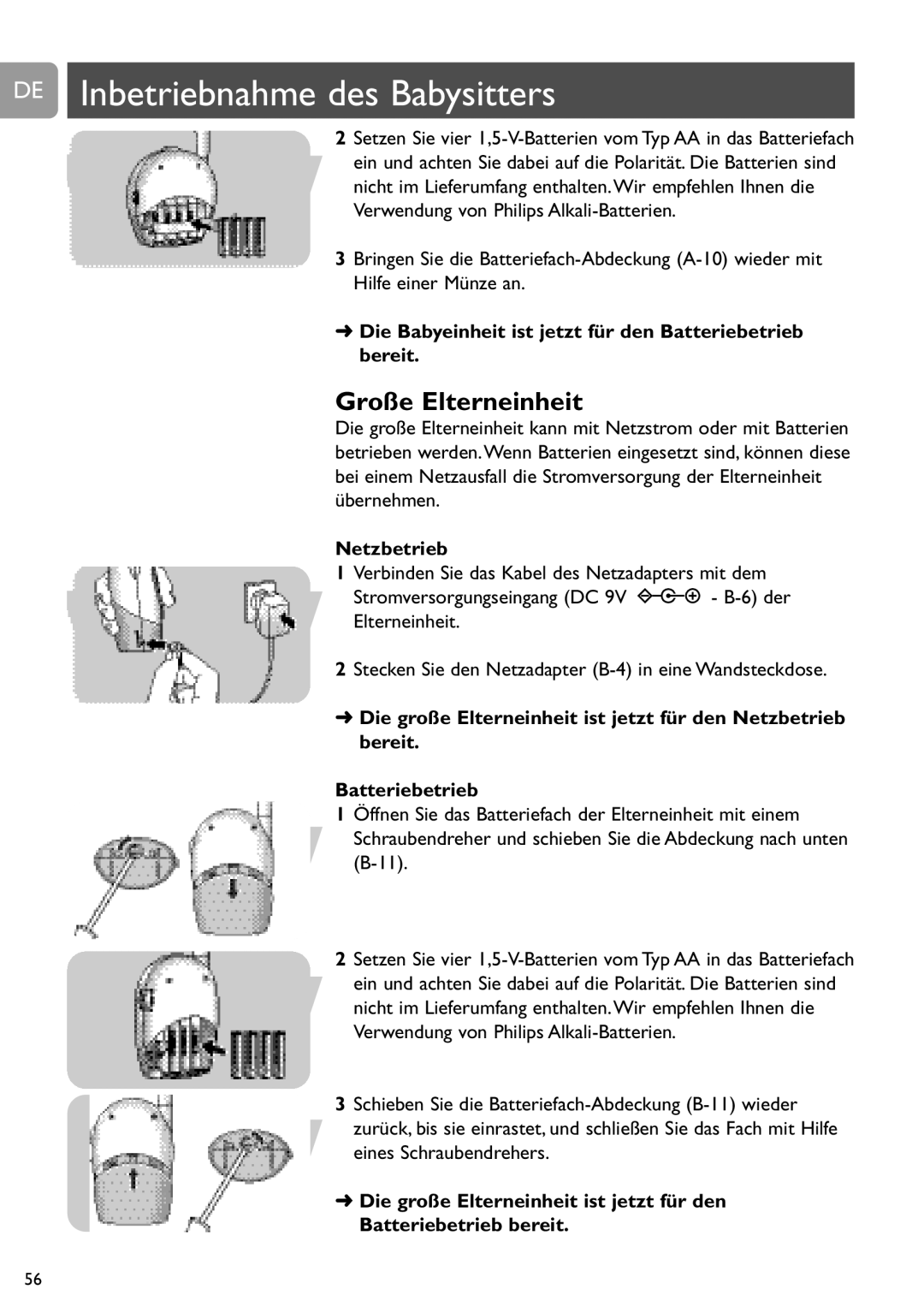 Philips SCD450 user manual DE Inbetriebnahme des Babysitters, Die Babyeinheit ist jetzt für den Batteriebetrieb bereit 