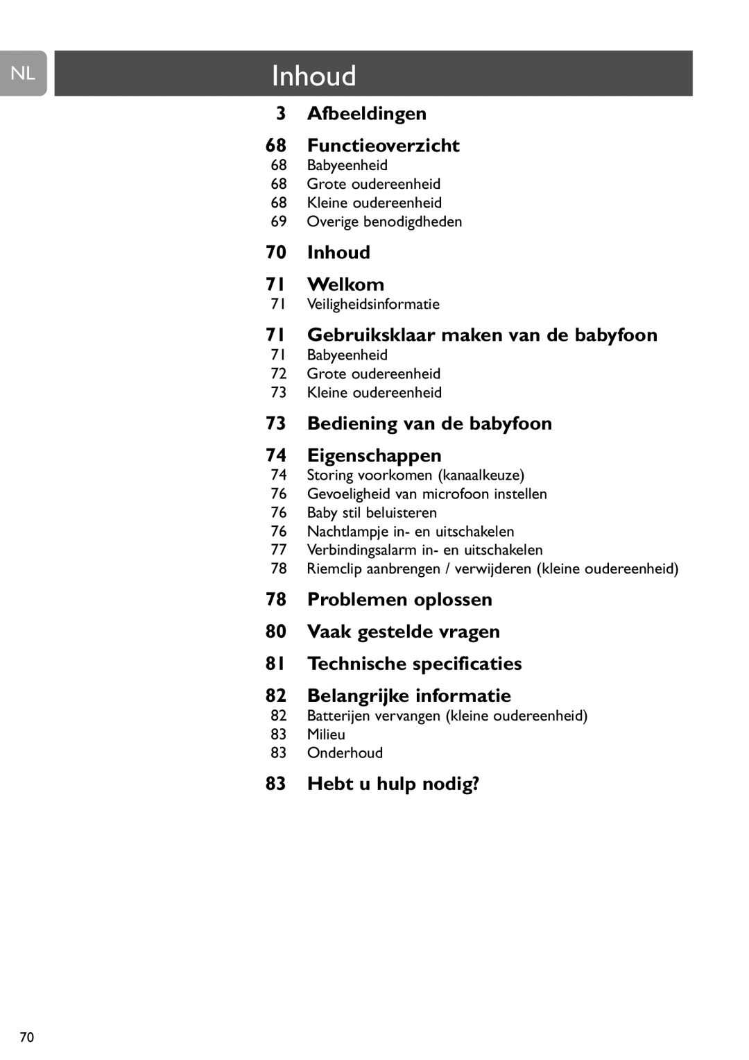 Philips SCD450 user manual NLInhoud, Veiligheidsinformatie, Babyeenheid Grote oudereenheid Kleine oudereenheid 