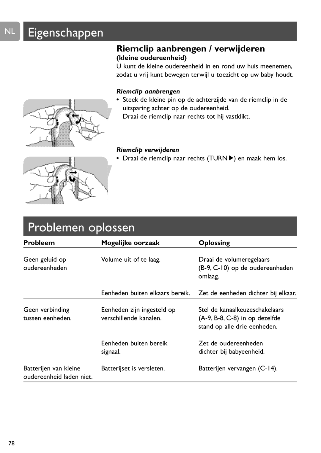 Philips SCD450 user manual Problemen oplossen, Riemclip aanbrengen / verwijderen, Riemclip verwijderen 