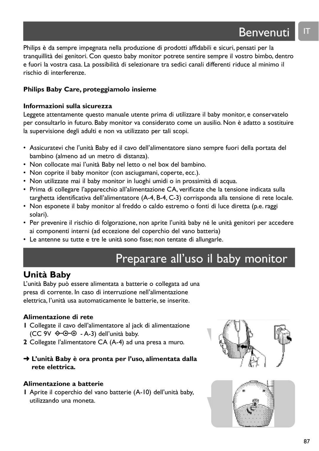 Philips SCD450 user manual Benvenuti IT, Preparare all’uso il baby monitor, Alimentazione di rete 