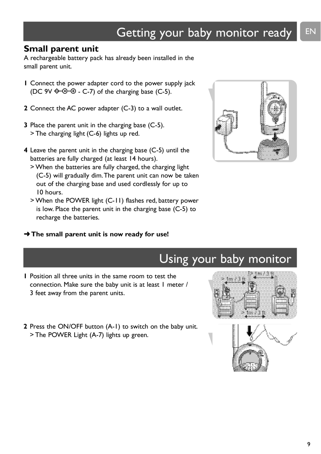 Philips SCD450 Getting your baby monitor ready EN, Using your baby monitor, Small parent unit is now ready for use 