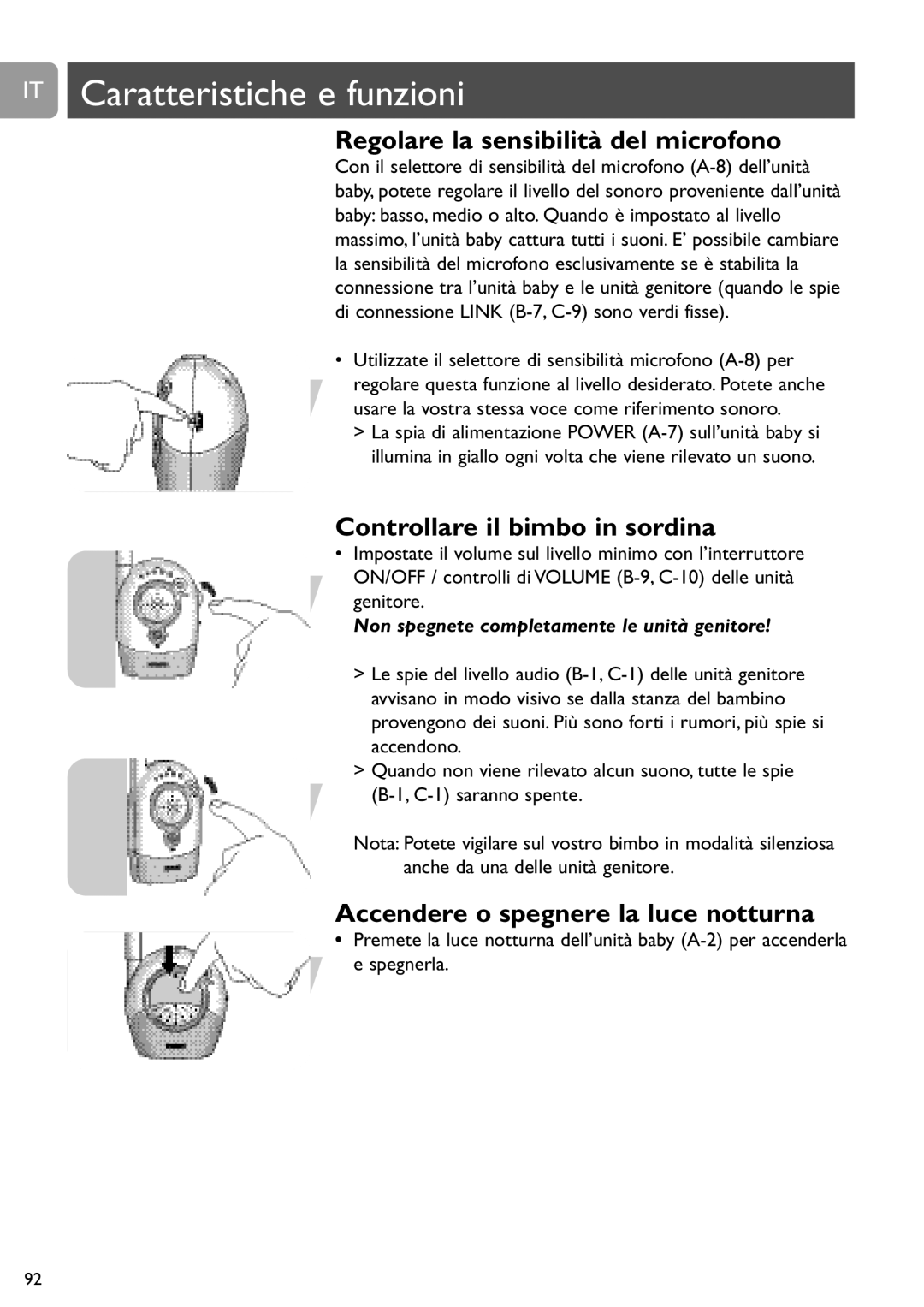 Philips SCD450 IT Caratteristiche e funzioni, Regolare la sensibilità del microfono, Controllare il bimbo in sordina 