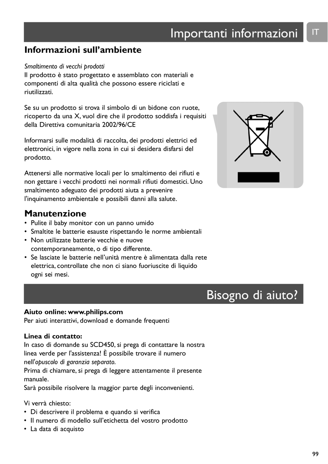 Philips SCD450 Importanti informazioni IT, Bisogno di aiuto?, Informazioni sull’ambiente, Manutenzione, Linea di contatto 