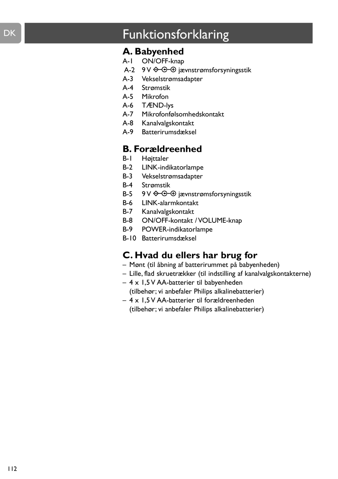 Philips SCD463 user manual DKFunktionsforklaring, Babyenhed, Forældreenhed, Hvad du ellers har brug for 