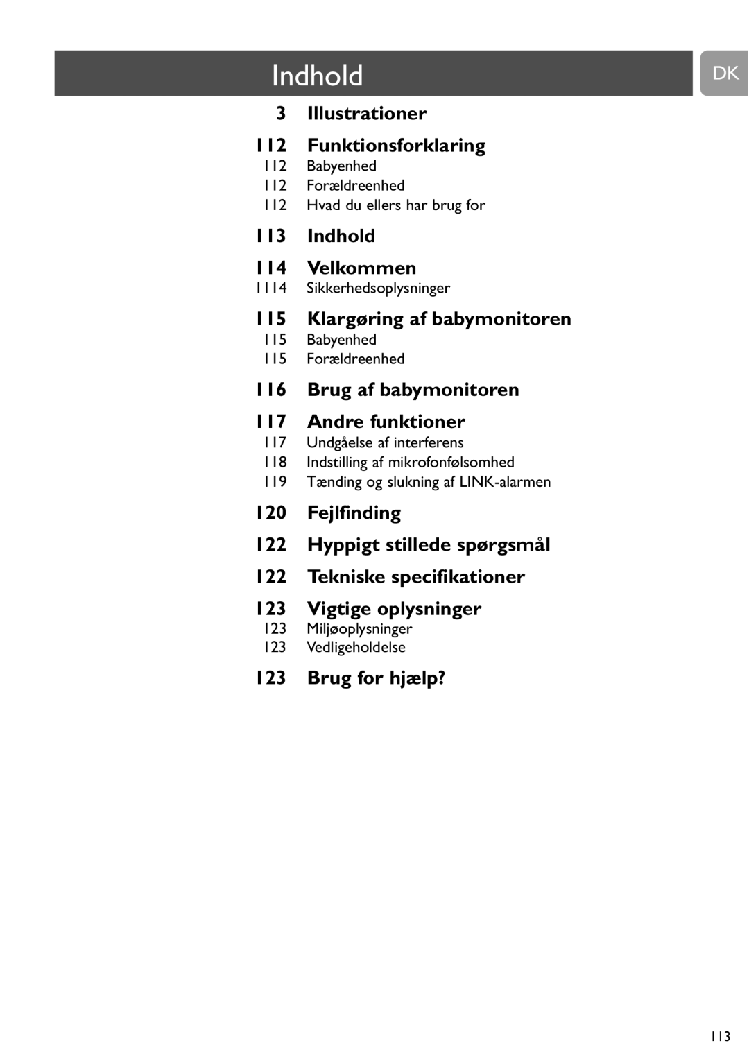 Philips SCD463 user manual Indhold, Babyenhed 112 Forældreenhed Hvad du ellers har brug for, Sikkerhedsoplysninger 