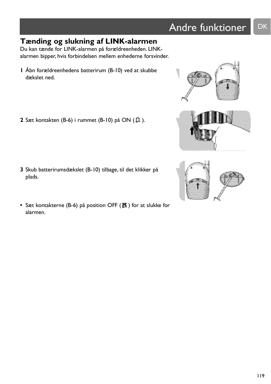 Philips SCD463 user manual Andre funktioner DK, Tænding og slukning af LINK-alarmen 