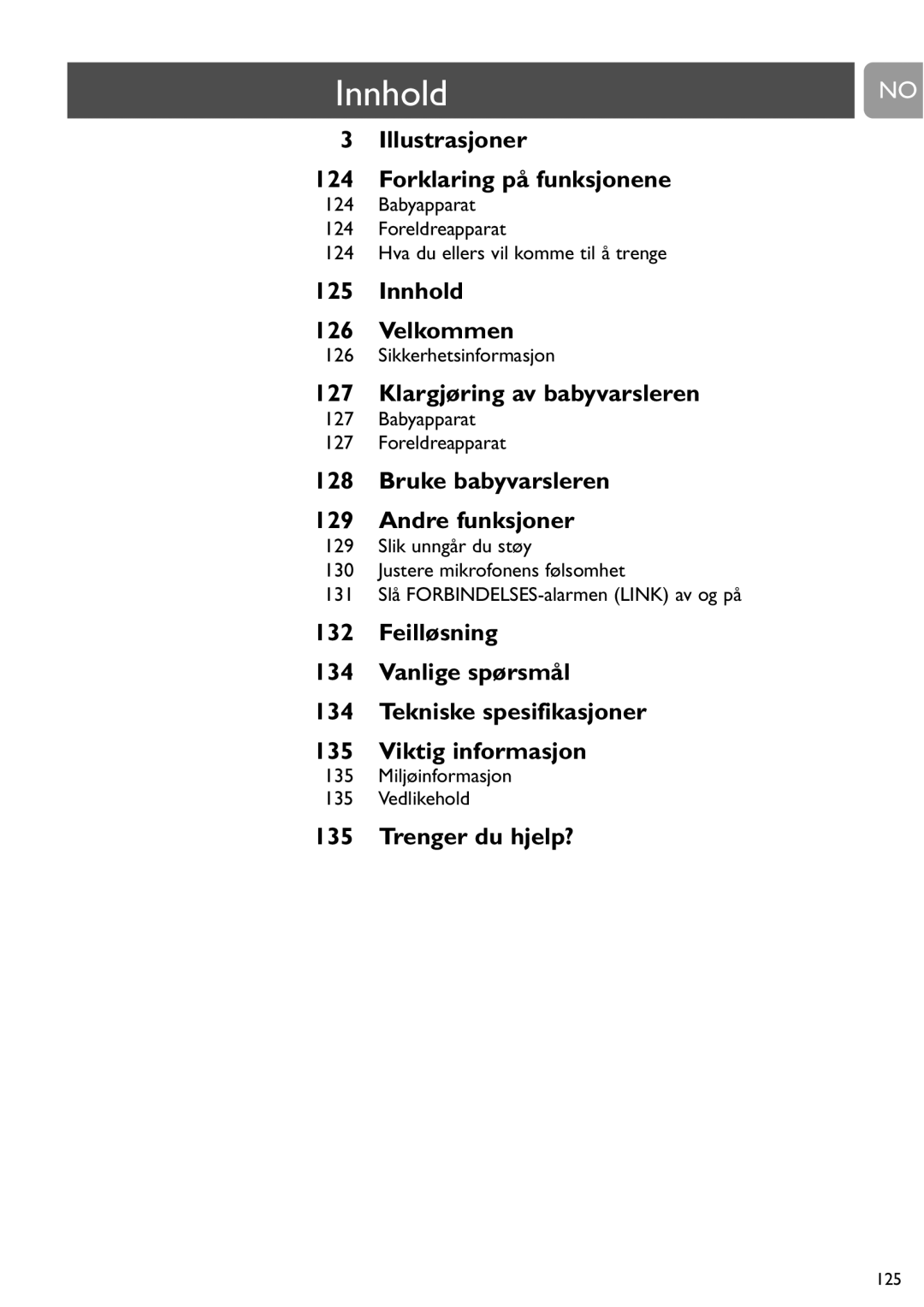 Philips SCD463 user manual Innhold, Sikkerhetsinformasjon, Babyapparat Foreldreapparat, Miljøinformasjon Vedlikehold 