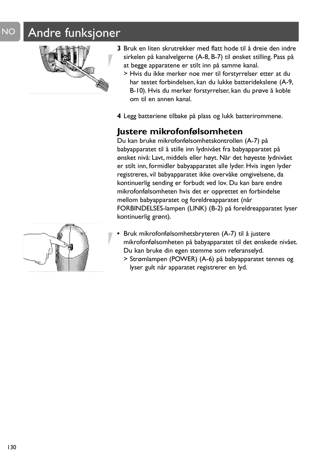 Philips SCD463 No Andre funksjoner, Justere mikrofonfølsomheten, Legg batteriene tilbake på plass og lukk batterirommene 