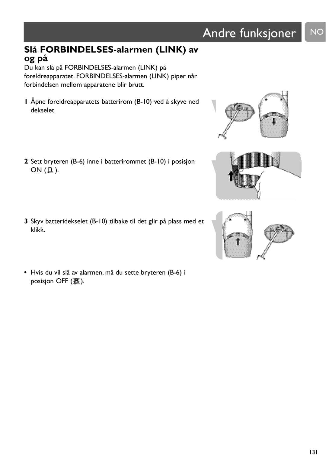 Philips SCD463 user manual Andre funksjoner no, Slå FORBINDELSES-alarmen Link av og på 