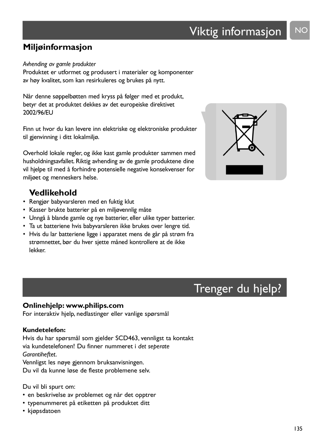 Philips SCD463 user manual Viktig informasjon no, Trenger du hjelp?, Miljøinformasjon, Vedlikehold, Kundetelefon 