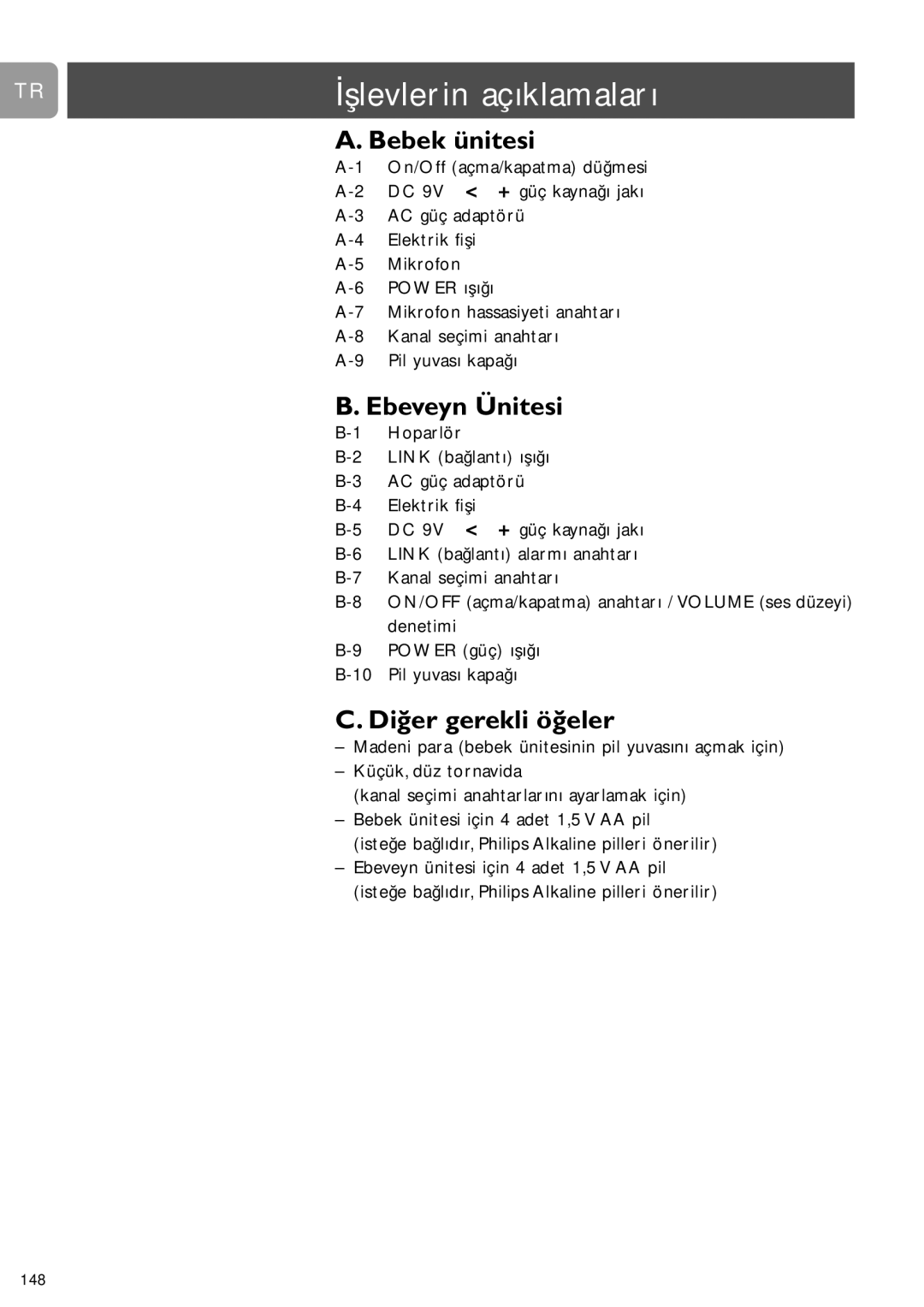 Philips SCD463 user manual İşlevlerin açıklamaları, Bebek ünitesi, Ebeveyn Ünitesi, Diğer gerekli öğeler 