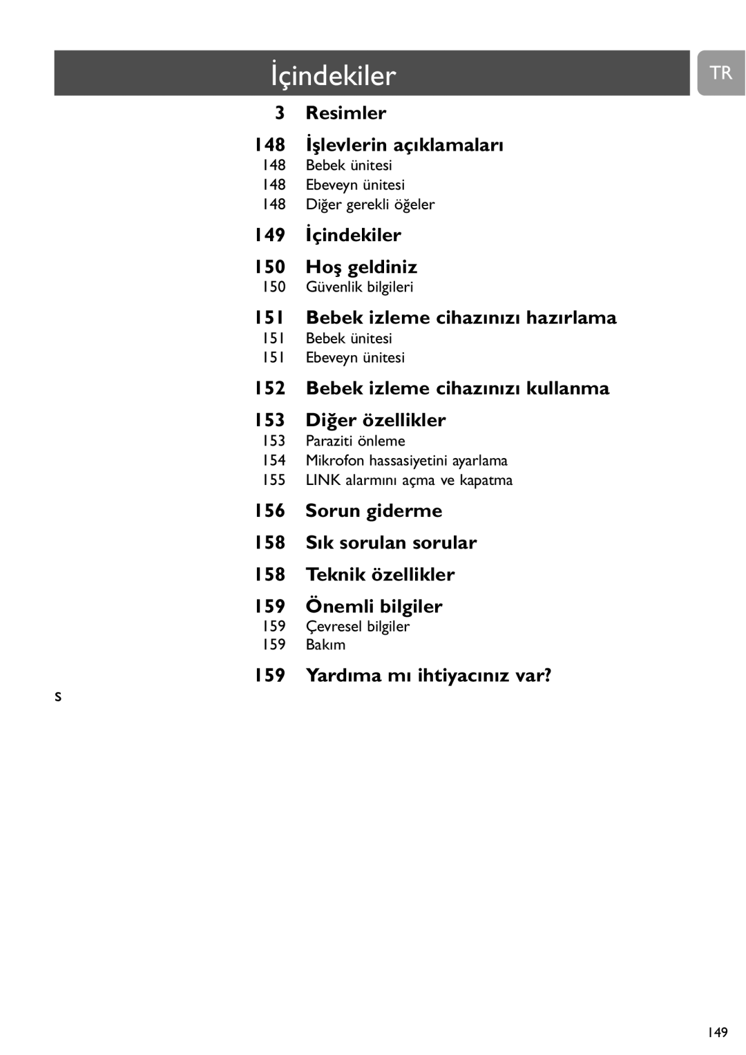 Philips SCD463 user manual İçindekiler, Bebek ünitesi Ebeveyn ünitesi 148 Diğer gerekli öğeler, 150 Güvenlik bilgileri 