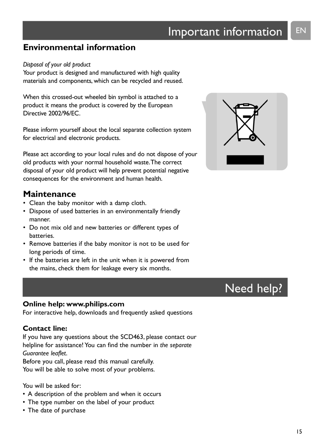 Philips SCD463 Important information EN, Need help?, Environmental information, Maintenance, Disposal of your old product 