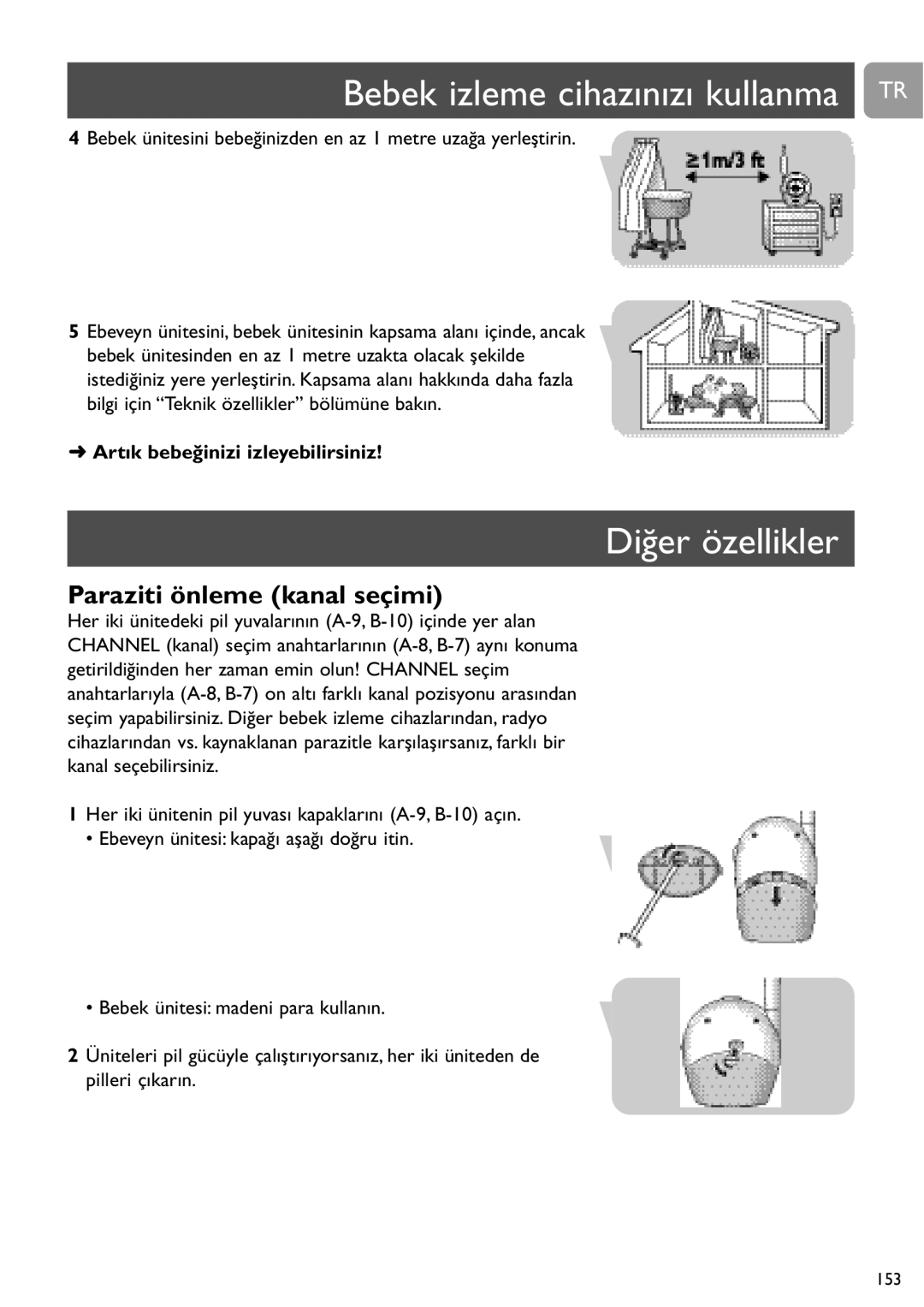 Philips SCD463 user manual Bebek izleme cihazınızı kullanma TR, Diğer özellikler, Paraziti önleme kanal seçimi 