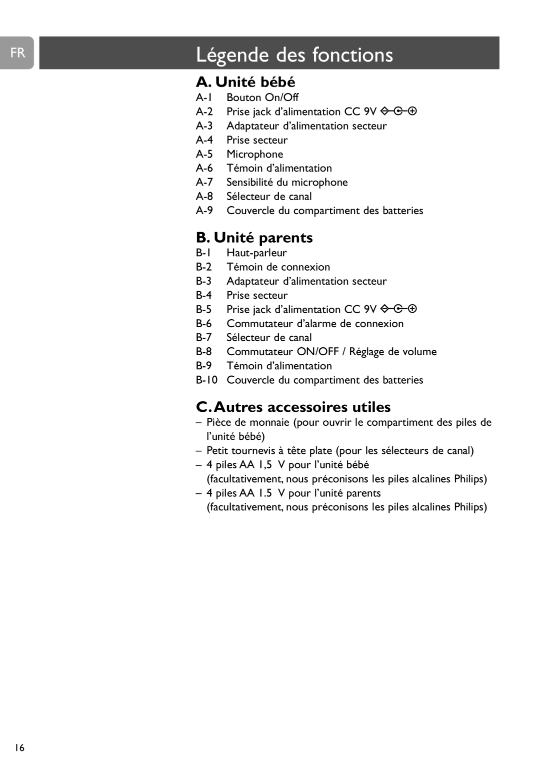 Philips SCD463 user manual Légende des fonctions, Unité bébé, Unité parents, Autres accessoires utiles 