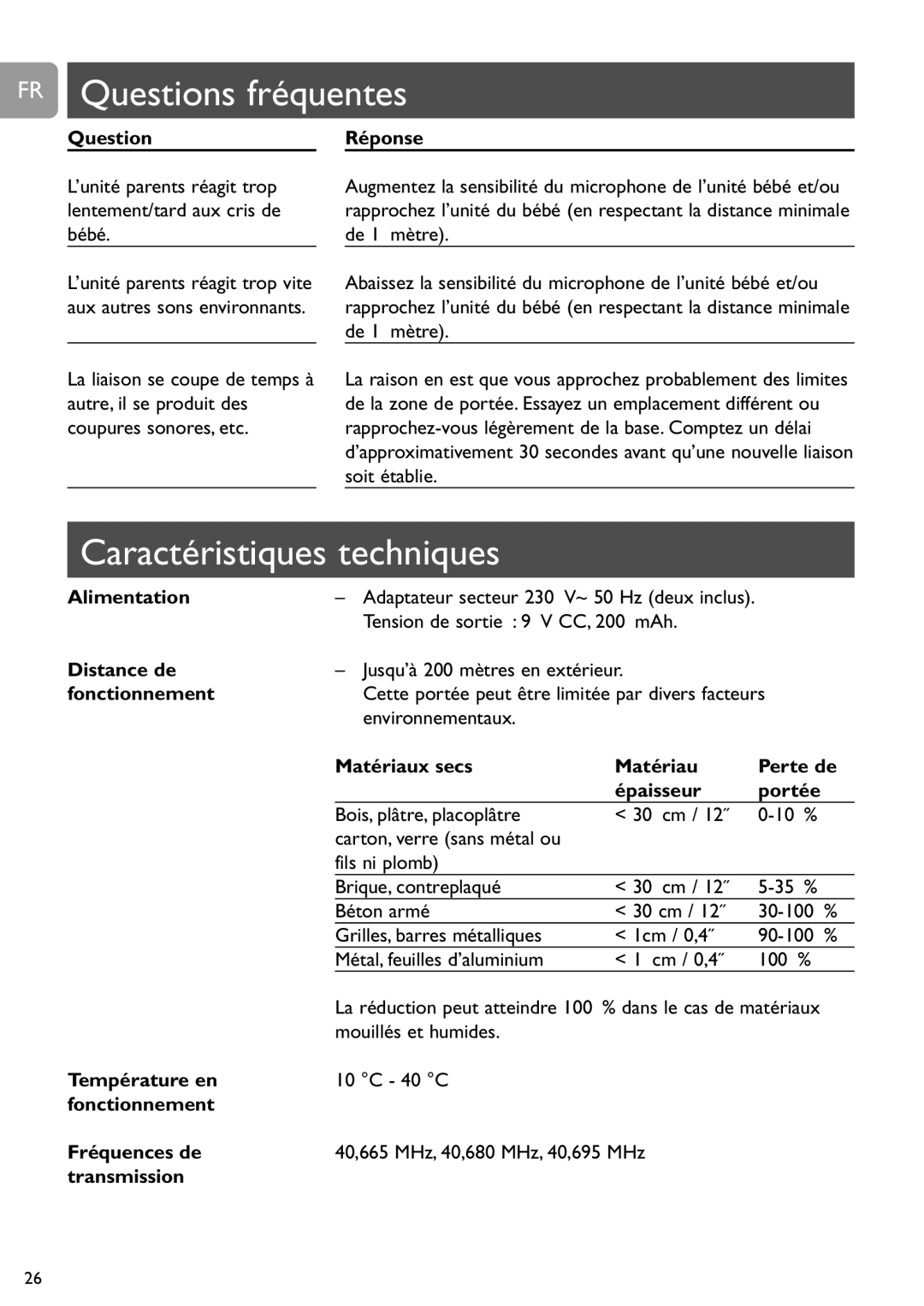 Philips SCD463 user manual FR Questions fréquentes, Caractéristiques techniques 