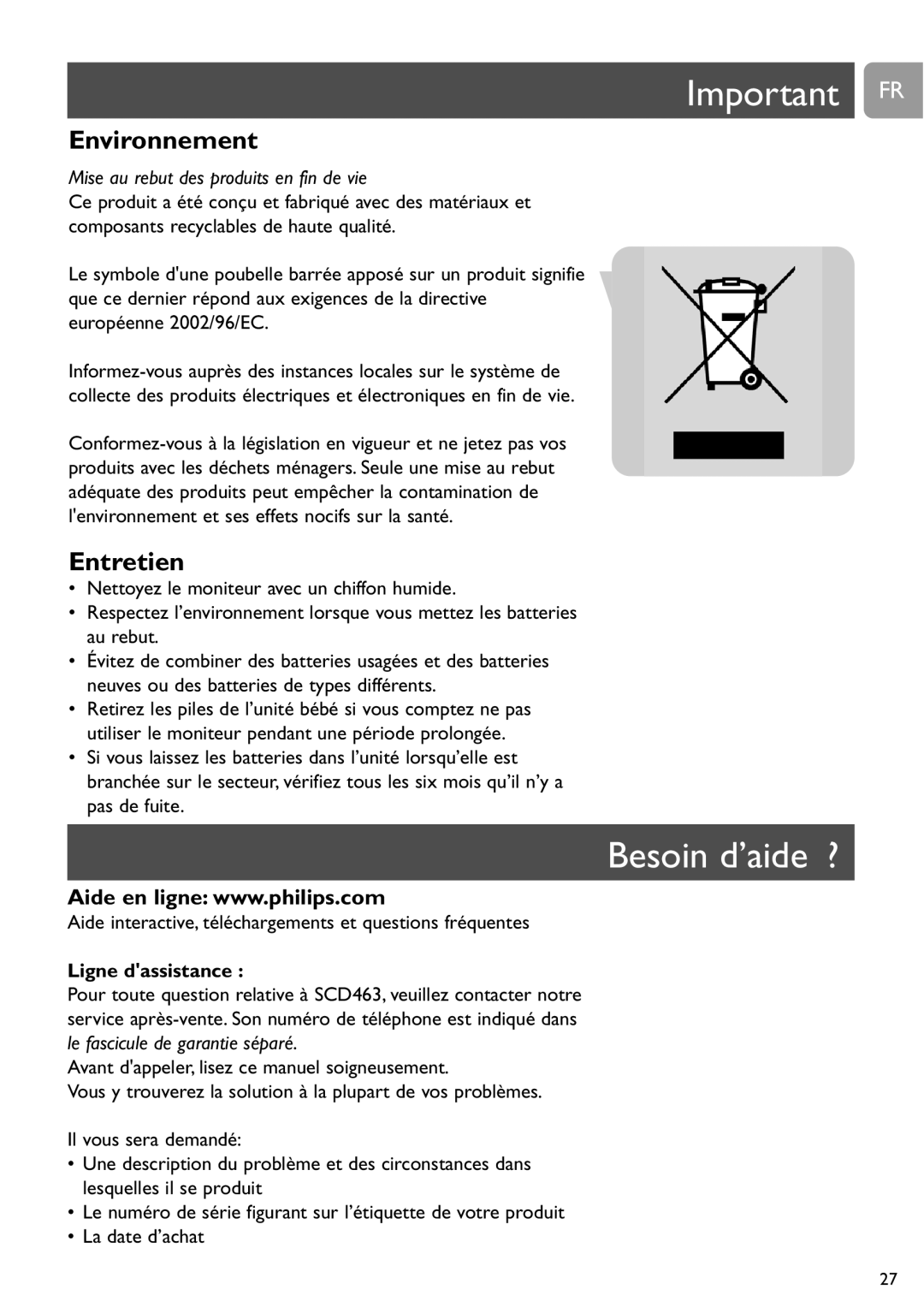 Philips SCD463 user manual Important FR, Besoin d’aide ?, Environnement, Entretien, Ligne dassistance 