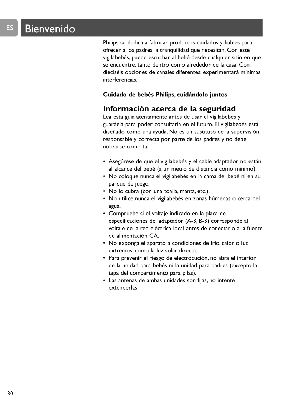 Philips SCD463 user manual ES Bienvenido, Información acerca de la seguridad, Cuidado de bebés Philips, cuidándolo juntos 