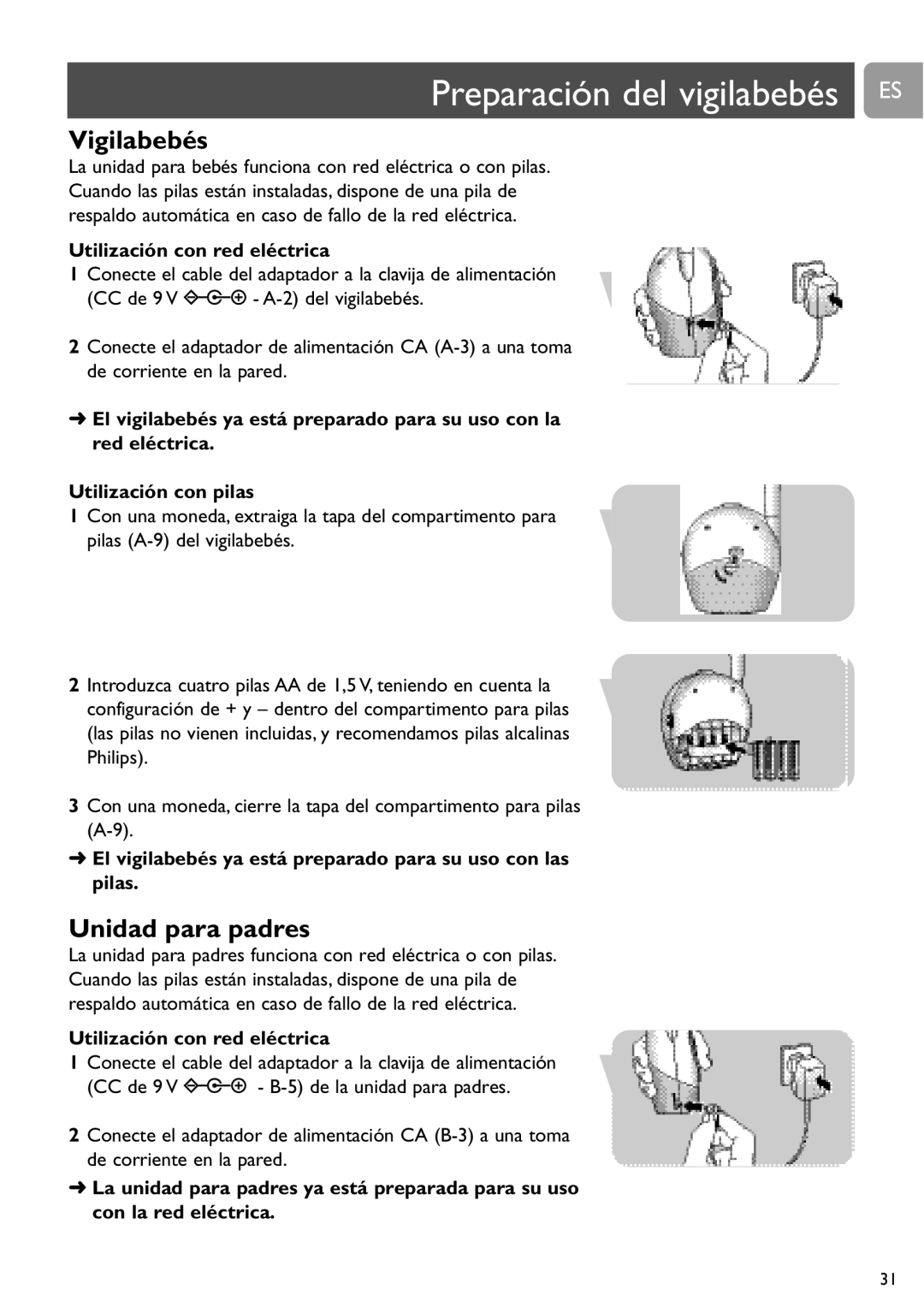 Philips SCD463 user manual Preparación del vigilabebés ES, Utilización con red eléctrica 