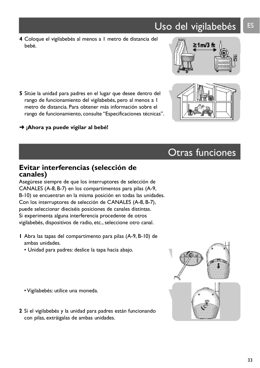 Philips SCD463 user manual Uso del vigilabebés ES, Otras funciones, Evitar interferencias selección de canales 