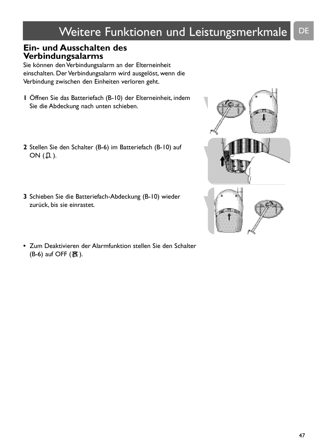 Philips SCD463 user manual Weitere Funktionen und Leistungsmerkmale DE, Ein- und Ausschalten des Verbindungsalarms 