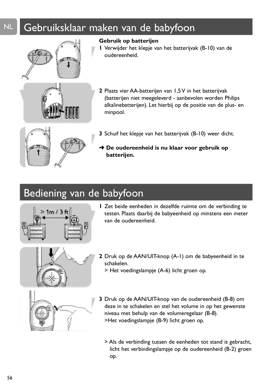 Philips SCD463 user manual NL Gebruiksklaar maken van de babyfoon, Bediening van de babyfoon 